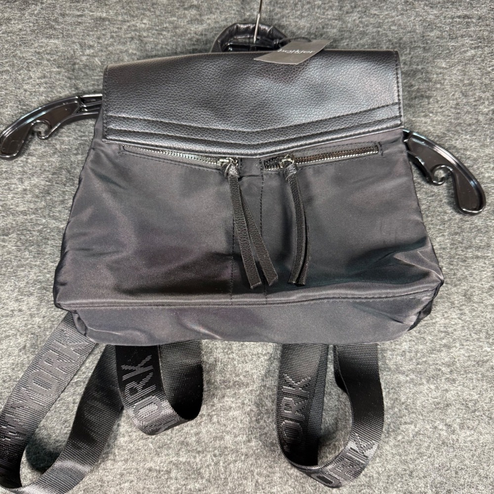 Botkier New York Black Nylon Leather Trim Logo Strap Moto Backpack NWT